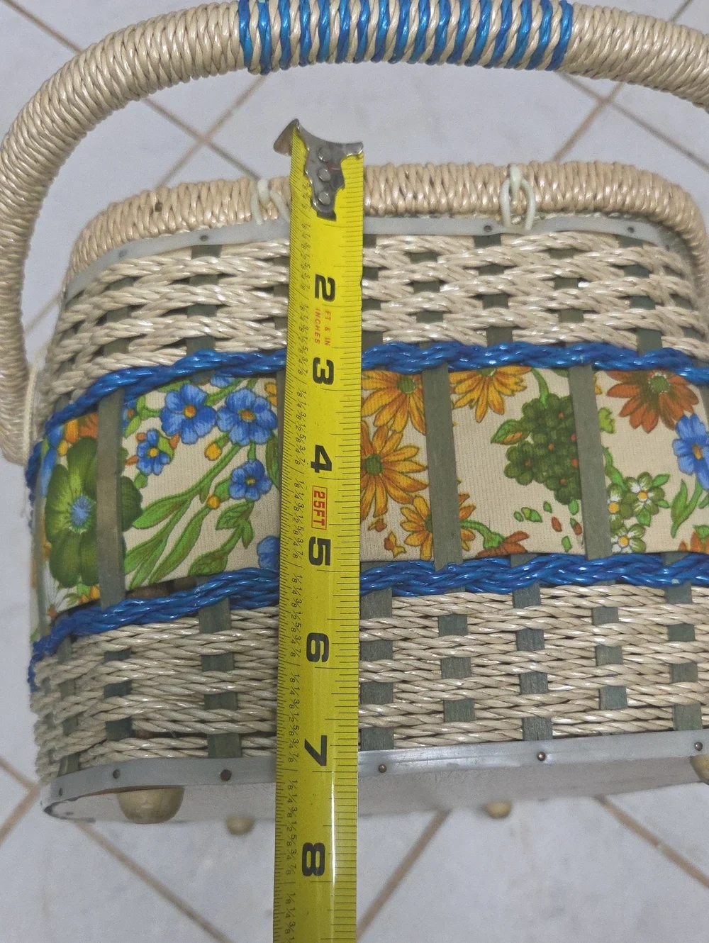Vintage 1970s Floral Wicker Sewing Basket Double Handle Double Lid Mid Century